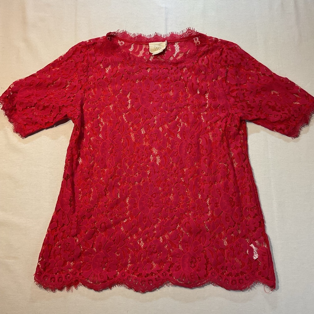 Vanessa Virginia by Anthropologie Elysian Red Sheer Floral Lace Blouse Size S